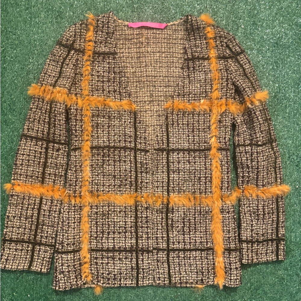 Emanuel Ungaro Tweed Fur Jacket with Orange Accents